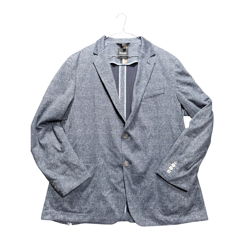 BOSS Jersey Jacket Mens 48R Blue Plaid Bi-Stretch Slim Fit